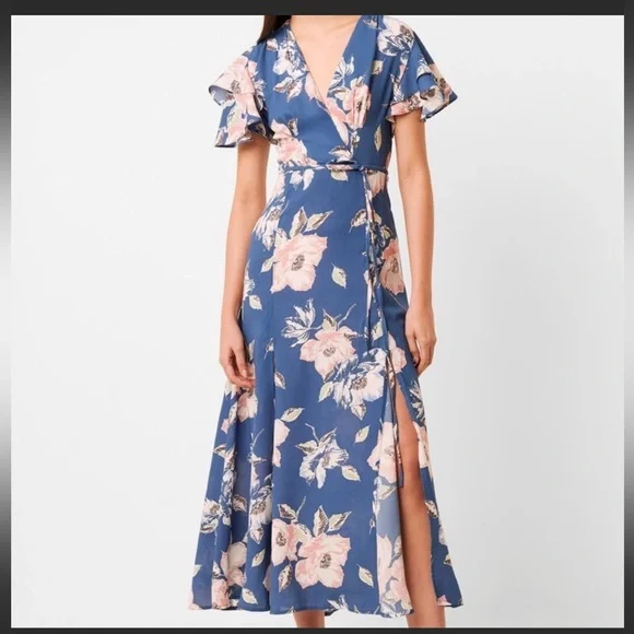 French Connection Womens Cari Floral Print Surplice Maxi Dress Blue 4 French Connection Womens Cari Floral Print Surplice Maxi Dress Blue 4